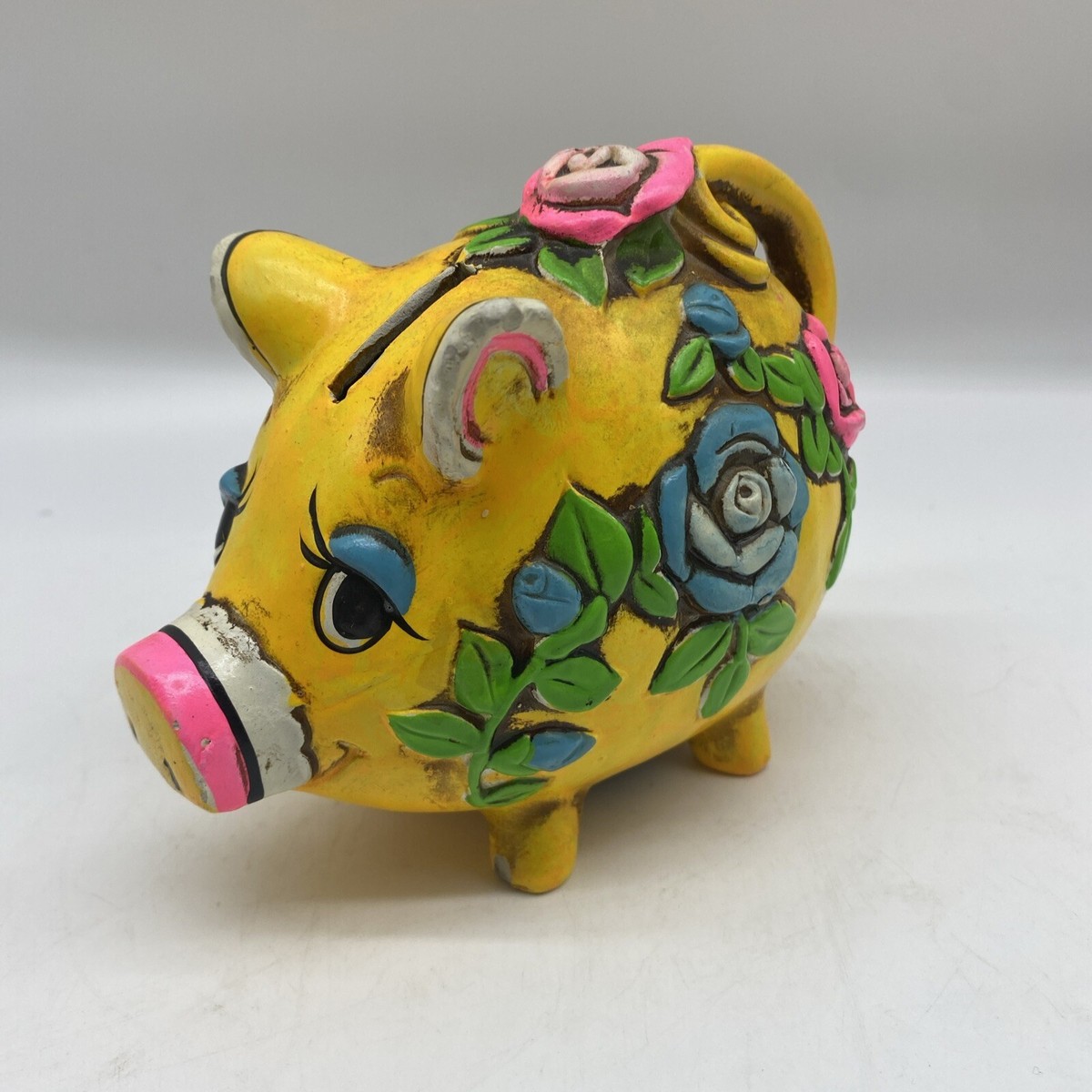 vintage holiday fair piggy bank yellow pink flowers 1967 Japan | eBay