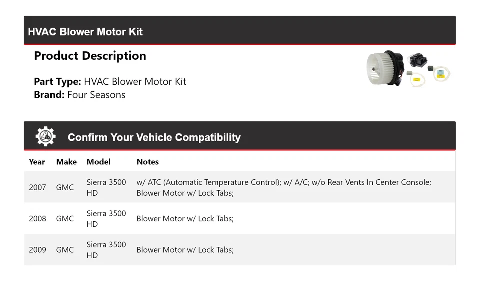 Kit de motor soplador HVAC para GMC Sierra 3500 HD 2007-2009 4 estaciones 2008 Foto 2 de 3