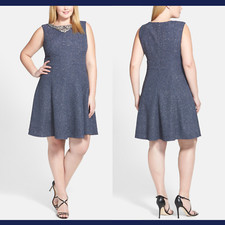 NEW Eliza J  [PLUS 14W] Embellished Neck Fit Flare Dress Women Steel Grey#303