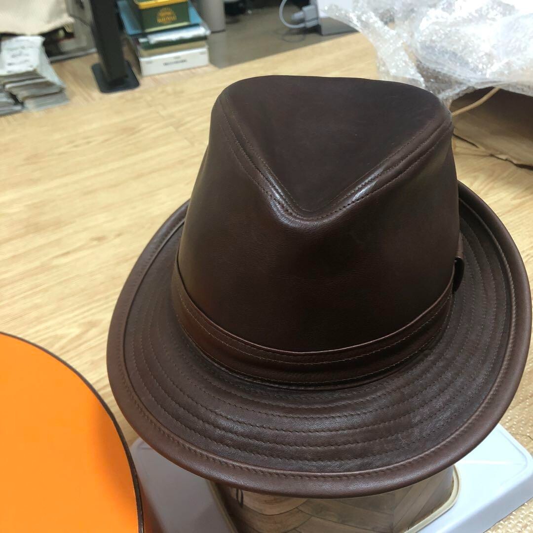 HERMES Leather Fedora Hat Dark Brown Unisex Men Women Size 