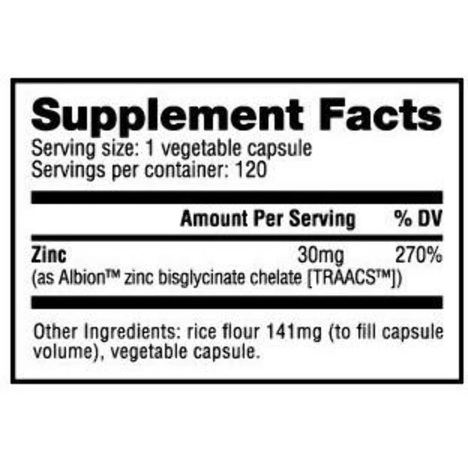 NutraBio - ХЕЛАТИРОВАННЫЙ ЦИНК (30 мг) - 120 капсул - Изображение 2 из 3