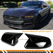 FOR 2024-25 FORD MUSTANG M STYLE GLOSS BLACK SIDE MIRROR COVER CAPS W/ LED LIGHT