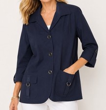Chico  s Jacket Size 2/L Navy Utility Blazer Coastal Classic Travel Cotton Blend