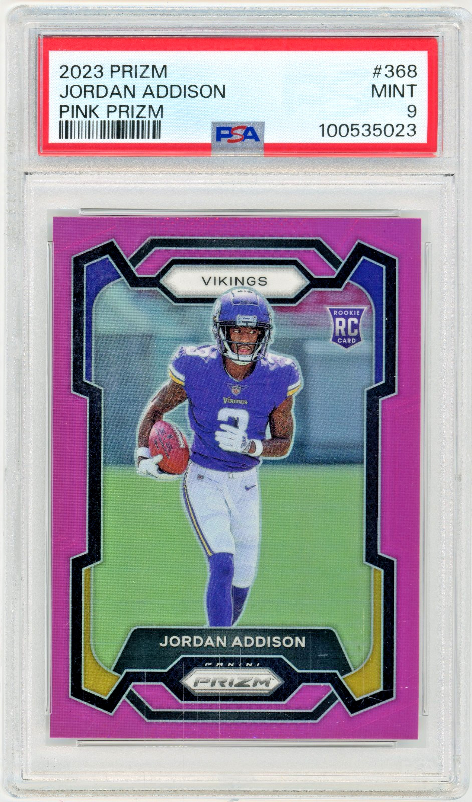 JORDAN ADDISON 2023 Panini Prizm Pink Prizm Rc #368 PSA 9 Minnesota Vikings