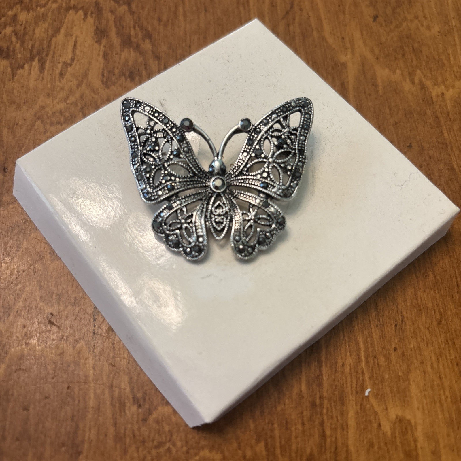 Vintage Silver Tone Filigree Butterfly Brooch Pin Rhinestone Center 2” Germany