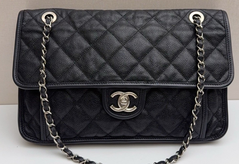 Chanel Classic Flap Calfskin Chain Shoulder Bag Black Silver Women Diamond