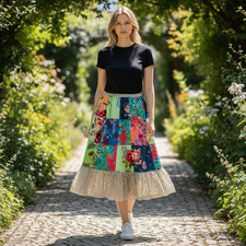 Vintage JOHN'S CHUK Patchwork Floral Midi Skirt Women's L Ruffle Tiered Boho