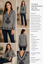 Tory Burch Striped Embroidered Tunic Top Women’s Size S Navy White Long Sleeve