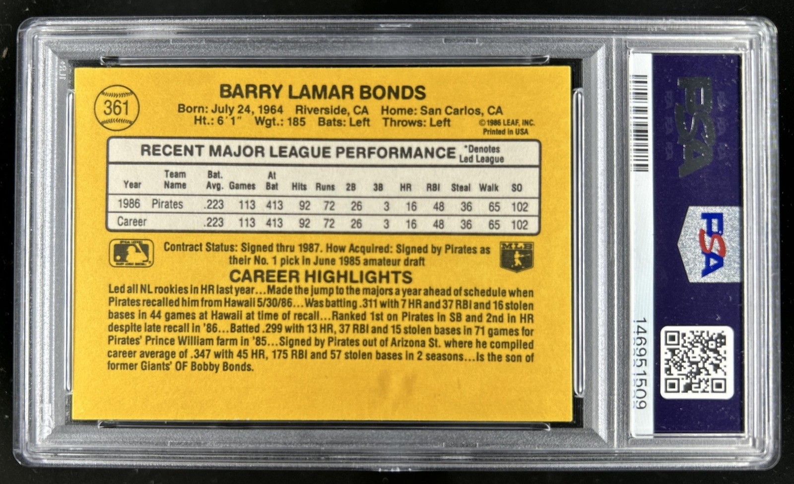 1987 Donruss Barry Bonds RC #361 Pirates PSA 9 Rookie view 2