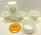 Vintage Pyrex Summer Impressions Green Sugar Bowl Creamer Set 3 Mugs Milk Glass