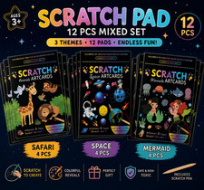 Kids Scratch Art Cards 12 Pack Rainbow Scratch Paper Space Safari Mermaid Set
