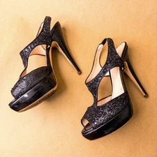 Miu Miu Glitter Accents T-Strap Pumps Women's Size 7 EU 37 Black Peep Toe Italy