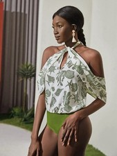 Green Shell Print Tied Twist Neck Drop Sleeve Backless Bodysuit Size S 8