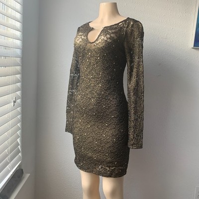 B. Darlin Womens 4 Metallic Gold Black Lace Keyhole Bodycon Dress Long Sleeve