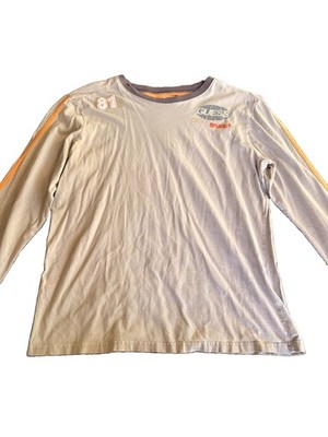 VINTAGE GUESS  Long Sleeve Crew Neck T-Shirt Gray/Orange Logo Cotton Size L Mens