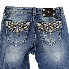 Miss Me Womens Jeans Sz 28 Floral Bling Rhinestone Mid Rise Bootcut MP7503B