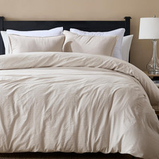Beige Jacquard Duvet Cover Set with Zipper, Soft Striped Cotton Linen