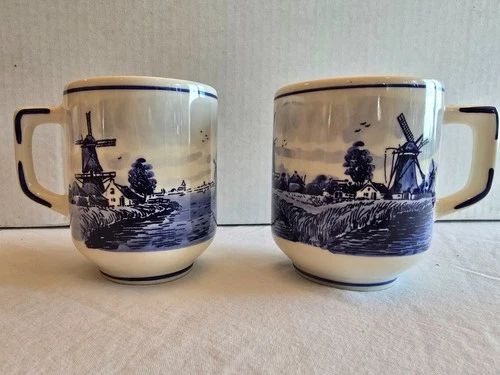 Vintage Delft Blue Holland Hand Painted Blue Windmill Cottage Mugs
