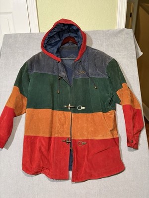 Vintage Gitano Large Jacket Multi Color Stripe Suede Leather Hooded Coat