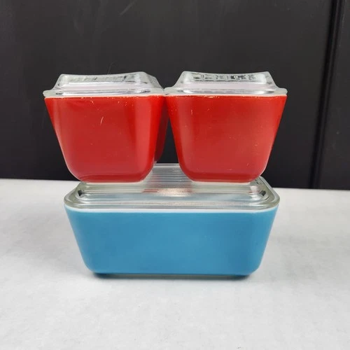 Vintage Pyrex Primary Refrigerator Dish Set 502 Turquoise 501 Red 6pc With Lids