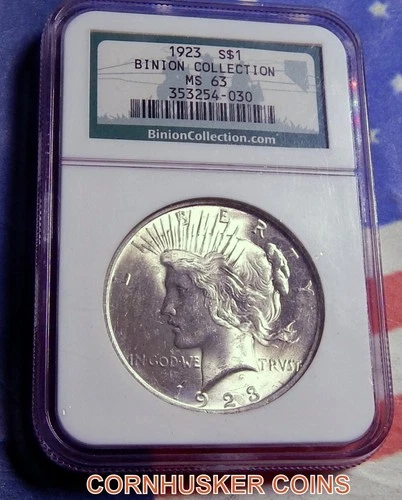 1923 BINION HOARD COLLECTION PEACE SILVER DOLLAR MS 63 ~ BRIGHT COIN 👀
