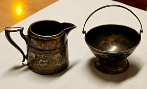 Sheffield Silverplate Creamer & Sugar Bowl Set with Handled Basket