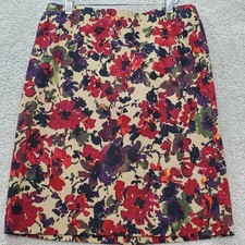 Talbots Straight Pencil Skirt Womens 8P Tan Red Floral Cotton Vented Back Zip