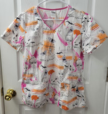 Disney Scrub Top Womens Small Tinkerbell Peter Pan Pink White Orange Pockets EUC