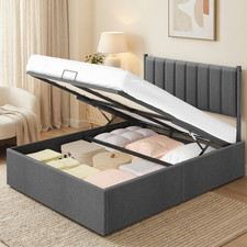 Lit Coffre 140x190 Sommier Relevable Hydraulique Rangement Gris Foncé Moderne