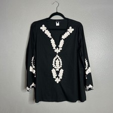 Karen Kane Embroidered Tunic Sz S Black White Cotton V-Neck Boho Peasant NEW