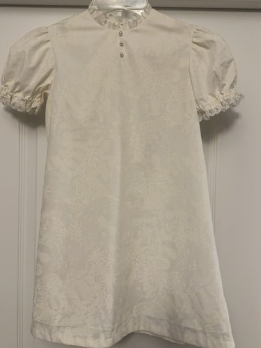 Vintage Handmade Girls Dress Ivory Brocade Lace Pearl Puff Sleeve