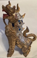 Antique Thai Carved Gilded Wood Foo Dog with Colored Mirror Details 18" Tall