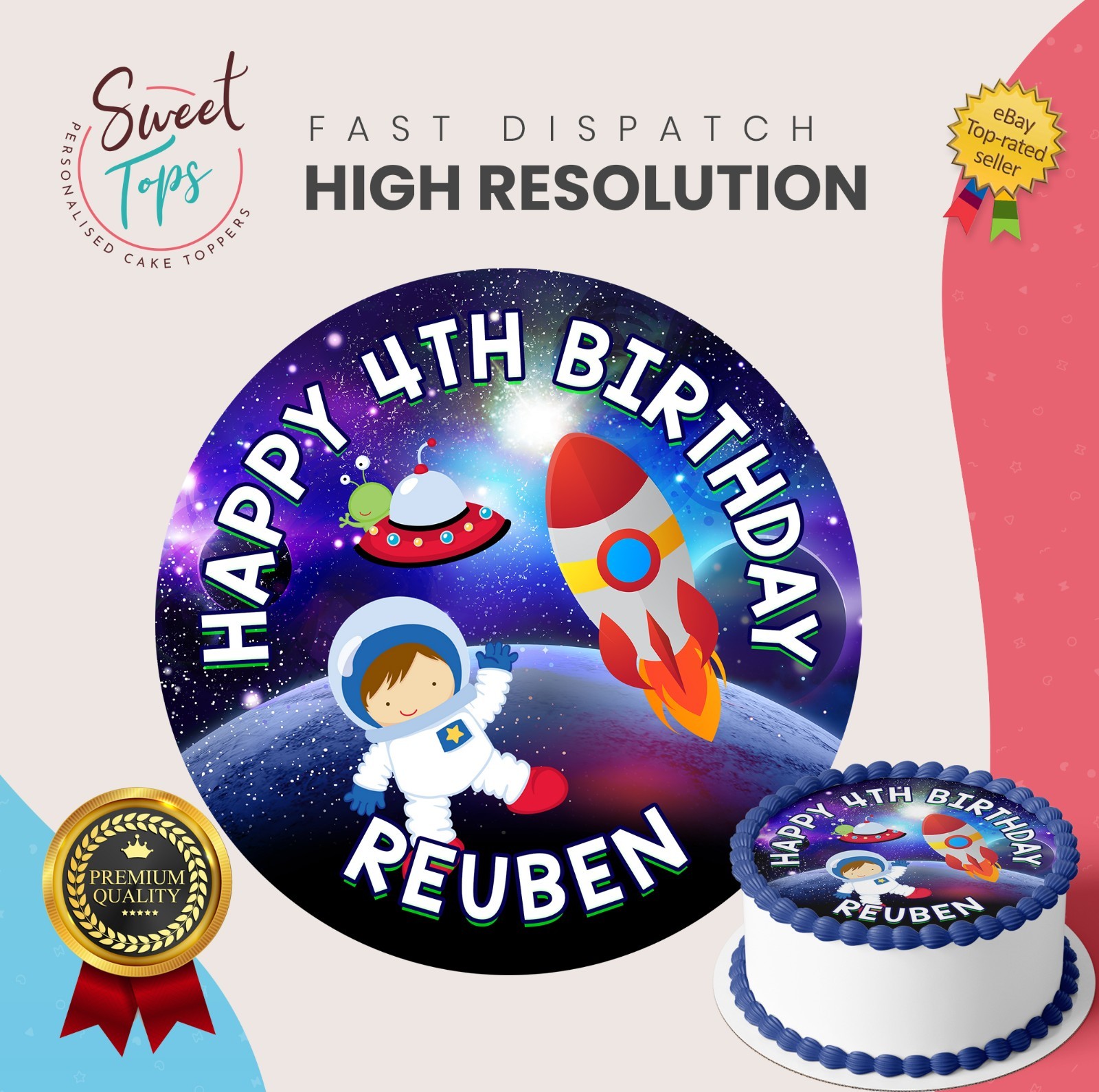 Niños Astronauta Espacial Personalizado Redondo Comestible Cumpleaños Pastel Decoración