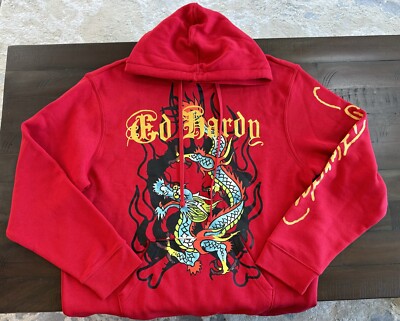 Ed Hardy Japanese Dragon Tatoo Red Pullover Hoodie Men XL $70
