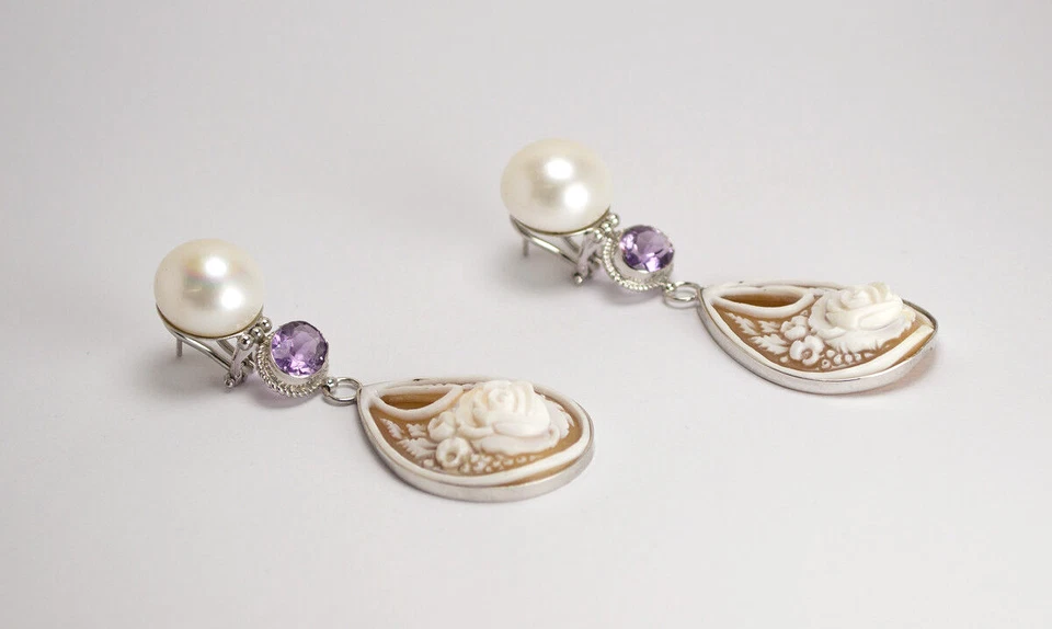 ORECCHINI IN ARGENTO 925 CON PERLE AMETISTA E CAMMEO SARDONICO FIORI AGHT 0624 - Immagine 2 di 3