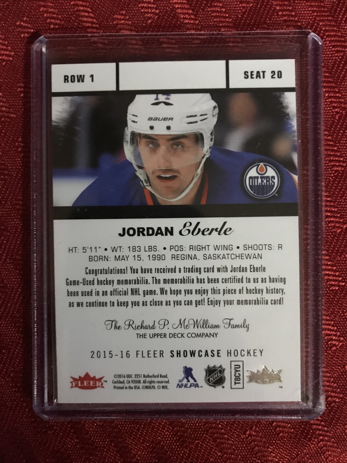 2015 16 Fleer Showcase JORDAN EBERLE stile materiali maglia fila 1 posto 20