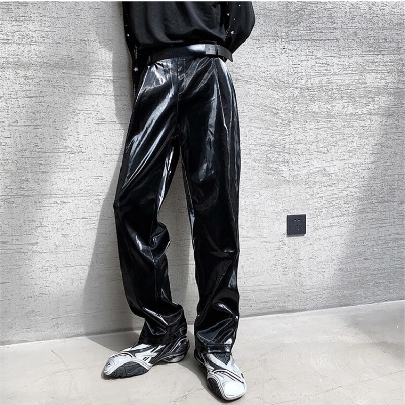 Men Punk Faux Leather Pants Trousers Shiny Casual Straight Leg Bottoms ...