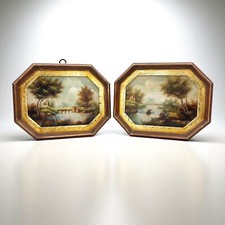 Coppia di quadretti antichi miniature dipinti olio su rame paesaggio  Firmati