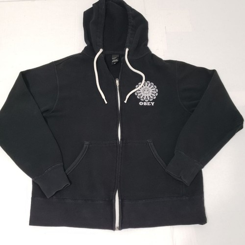Obey Black Zip-Up Hoodie Kids Medium 100% Cotton - Picture 1 of 8