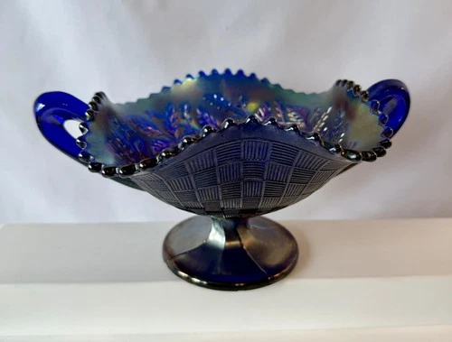 Antique Northwood Fruits Flowers Carnival Iridescent Cobalt Blue Bon Candy Dish
