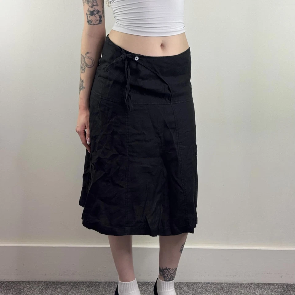 Y2K vintage 100% linen midi skirt wrap around knee length a line fit bow belt - Image 2 of 4