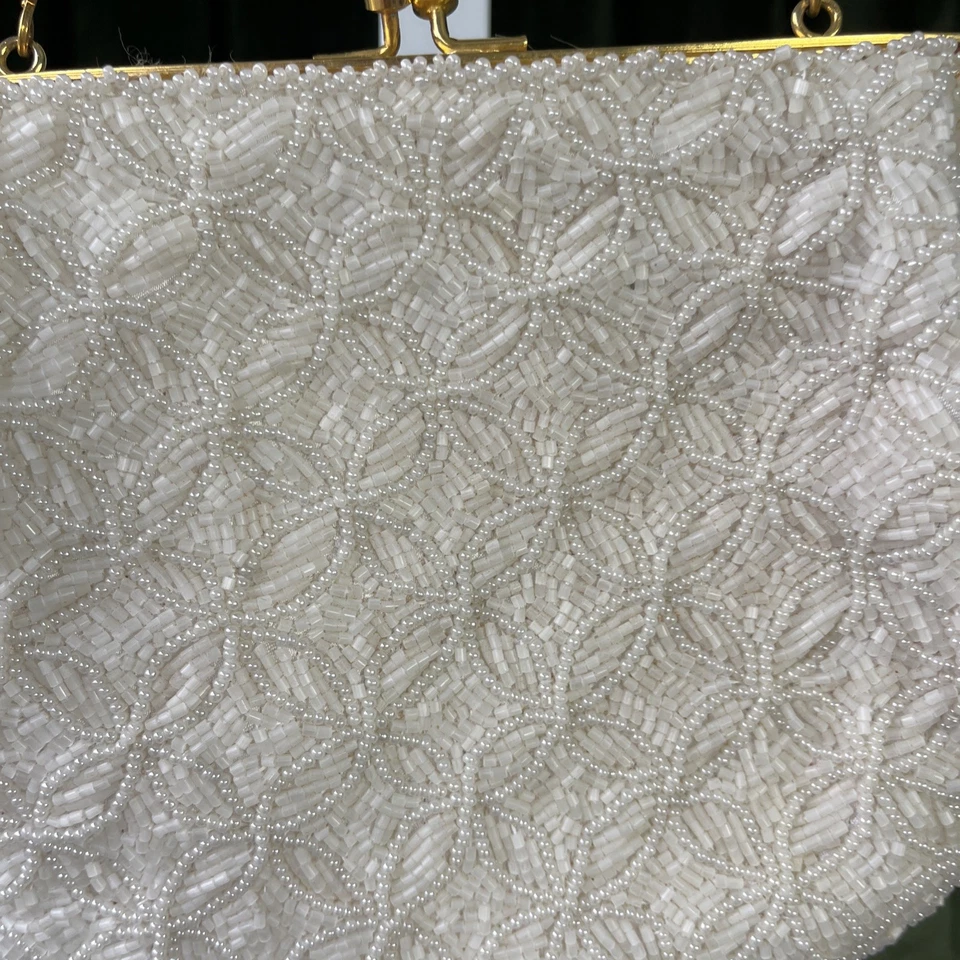 Bolso sin asas de noche vintage nupcial marfil blanco con cuentas lentejuelas iridiscentes Foto 3 de 4