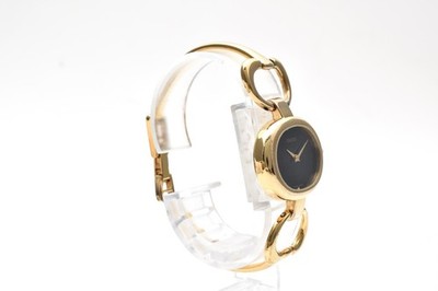 Exc 5 GUCCI 1600 Gold 26mm Black Dial Bangle Quartz Women's Watch