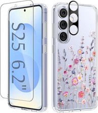 Samsung Galaxy S25 Case, Clear Floral Slim Shockproof Protective Phone Cover wit