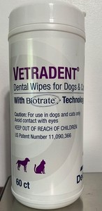 Vetradent dental wipes ford dogs and cats, 59 wipes.  Opened, used one