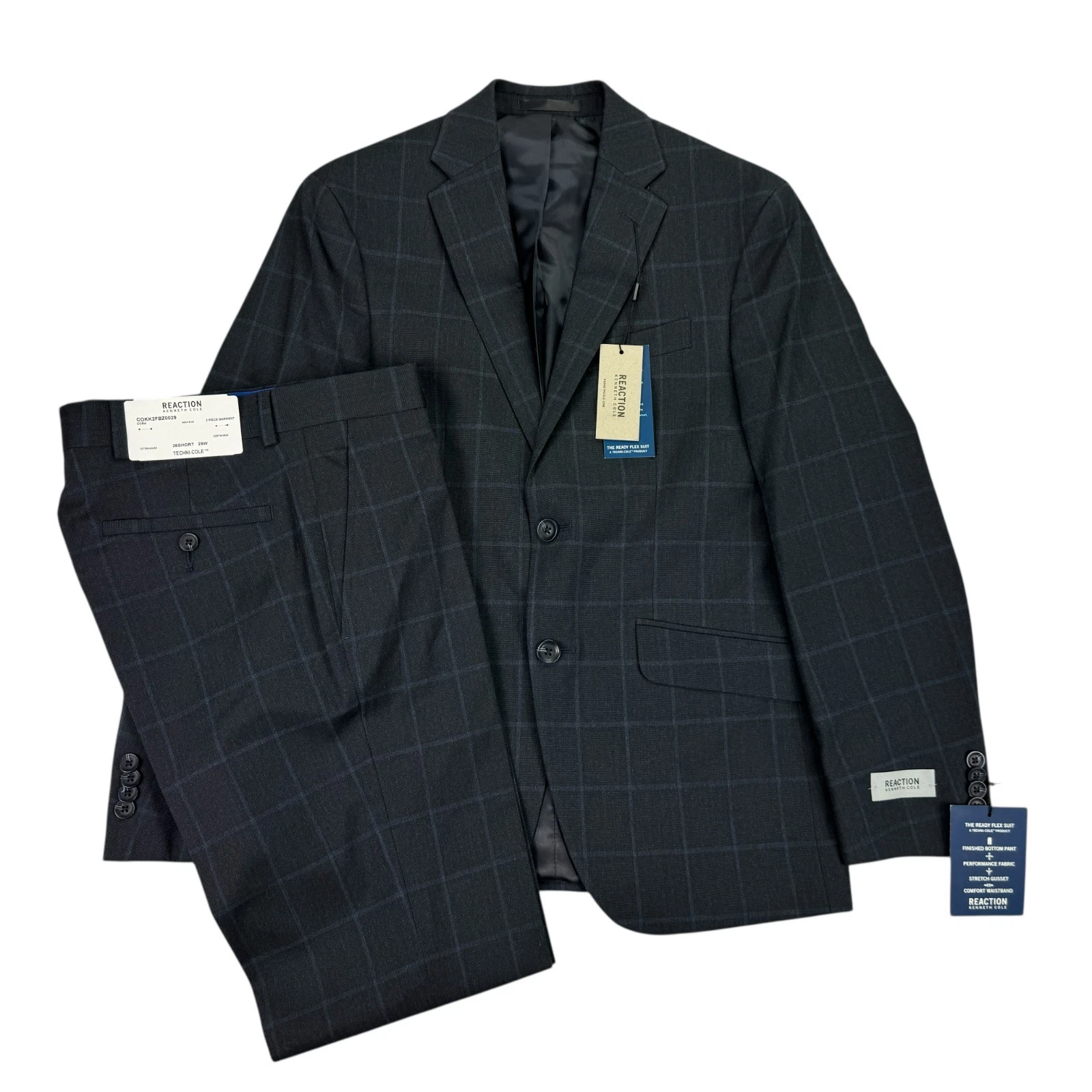 Kenneth Cole Mens 2-Piece Slim Fit Ready Flex Windowpane Suit Dark Blue 36S 29W