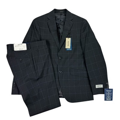 Kenneth Cole Mens 2-Piece Slim Fit Ready Flex Windowpane Suit Dark Blue 36S 29W