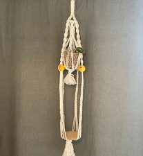Vintage Macrame Plant Hanger Beads White Handmade Mid Century Clean New 