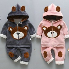 Hot Toddler Boy Girl Winter Warm Hood Pleuche Outfit Clothes Baby Kid Top+Pants