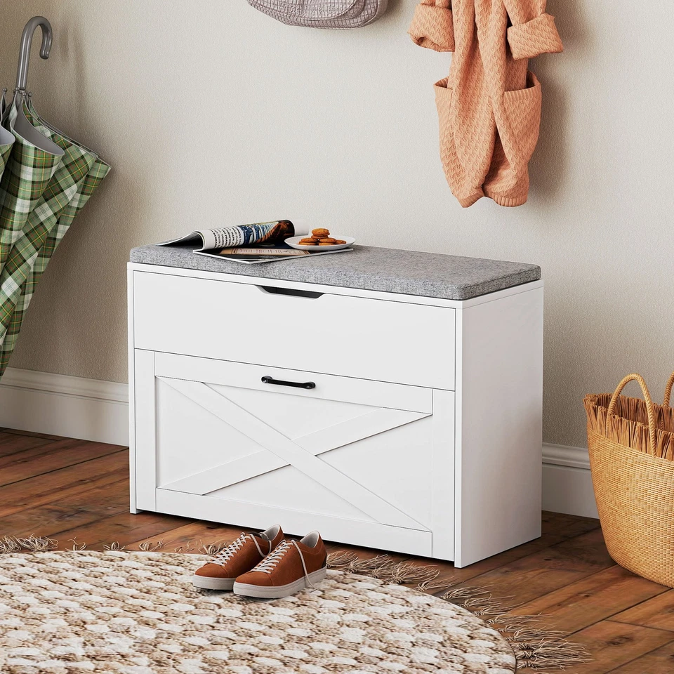 HOMCOM Panca Scarpiera a Ribalta con Contenitore per 8 Paia di Scarpe Bianco - Immagine 3 di 4